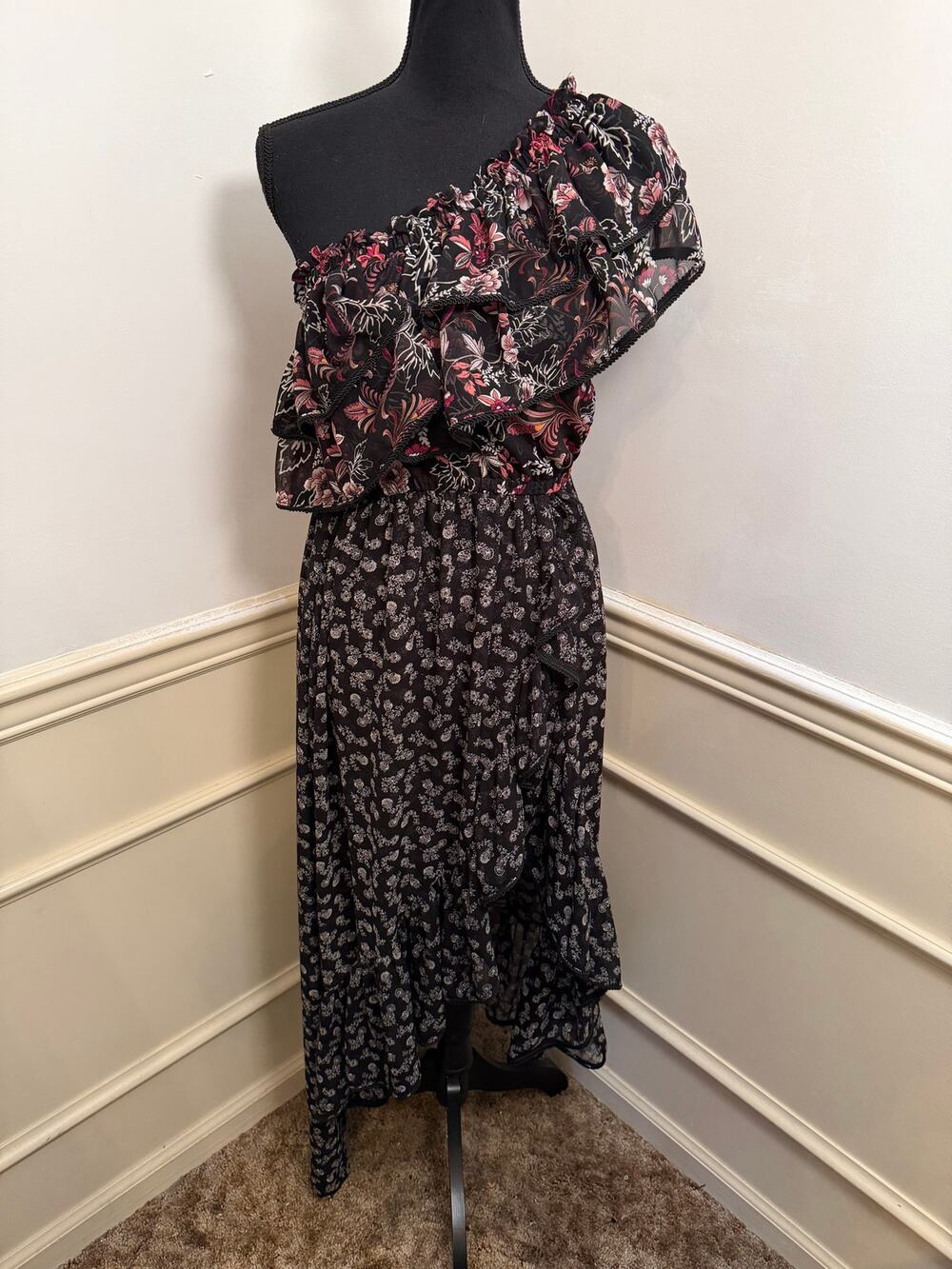 MISA Los Angeles Gyada Mixed Floral One-Shoulder high Low Dress Boho Ruffles